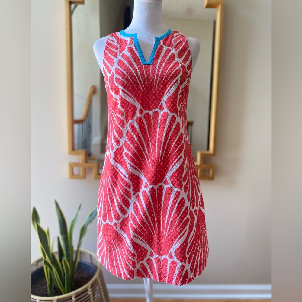 Crown & Ivy™ Printed Eyelet Dress Seashell print coral white 2P
